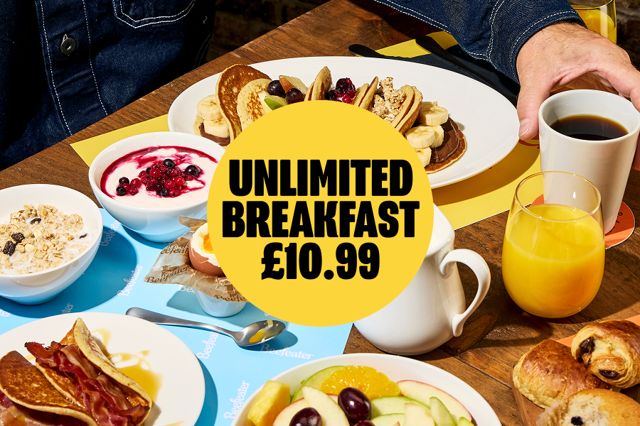 beefeater breakfast on table with creative pos