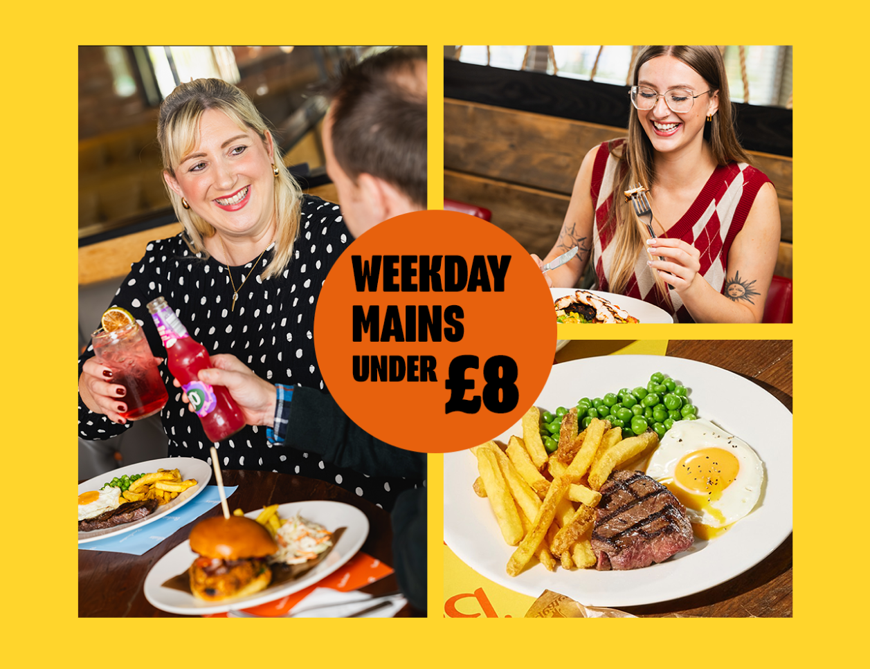 beefeater lunch dishes on table with creative brand pos an people eating lunch on table